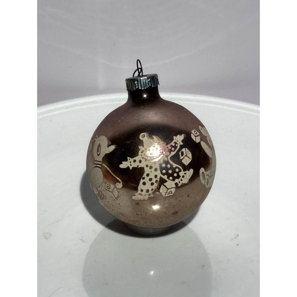 Amazing vintage Shiny Brite stenciled Christmas ball, toys; so cute